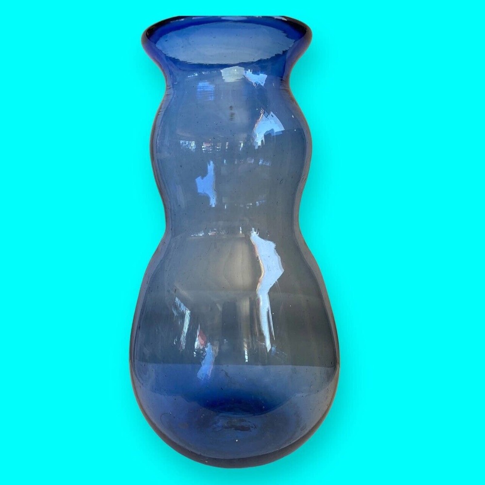 Vintage Handblown Art Glass Vase Blue Bubbles - 12” Tall